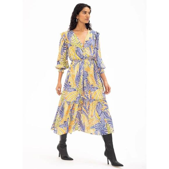 Banjanan Short Sleeve Pearl Midi Dress Harvest Print BFA23DV1284 Small  NEW - Picture 1 of 4